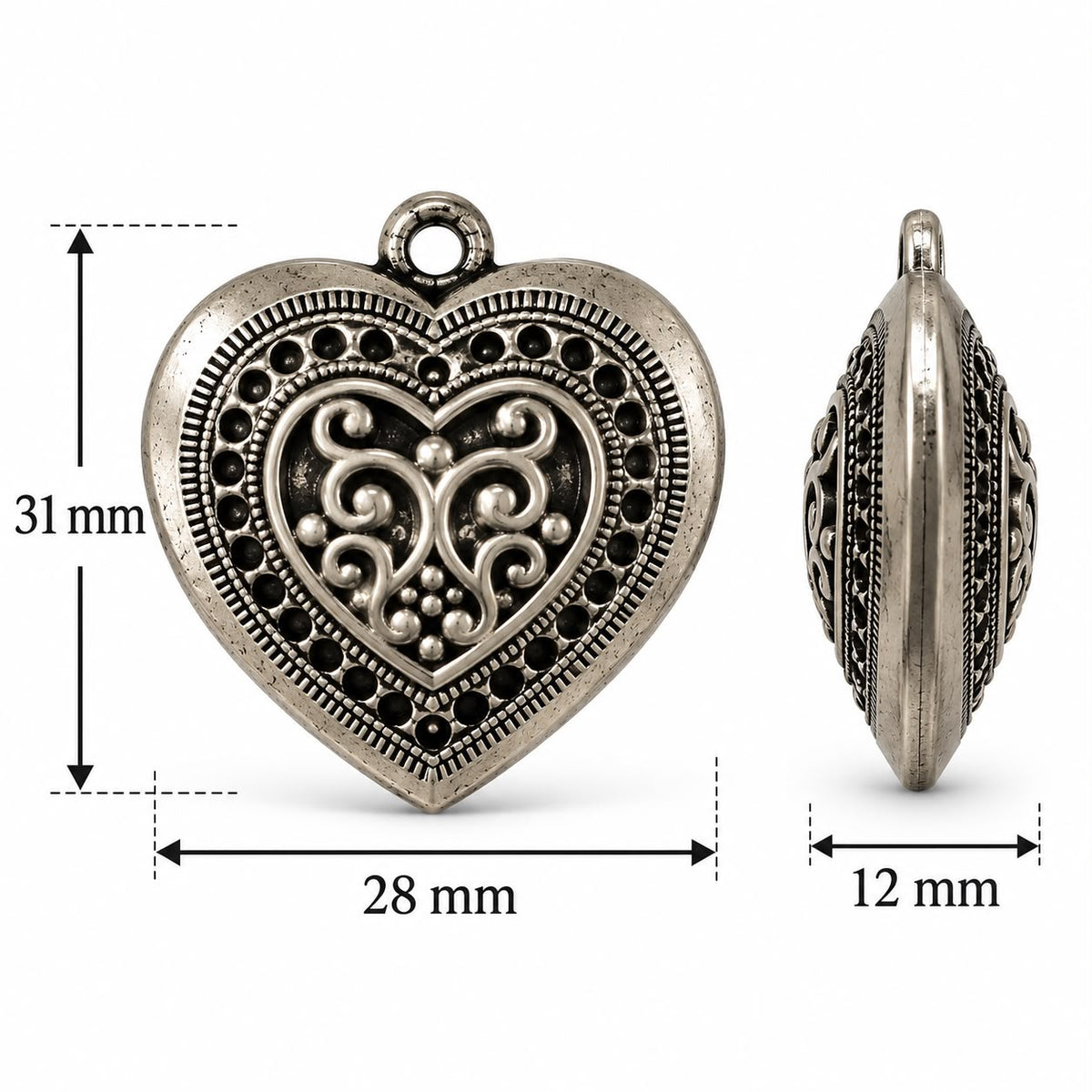 Antique Silver Ornate Heart Charm -31x28 mm