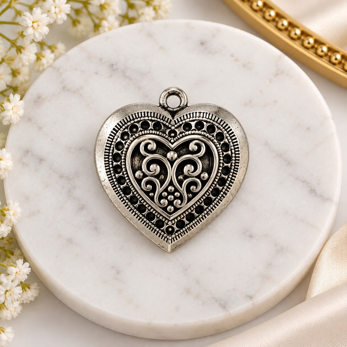Antique Silver Ornate Heart Charm -31x28 mm